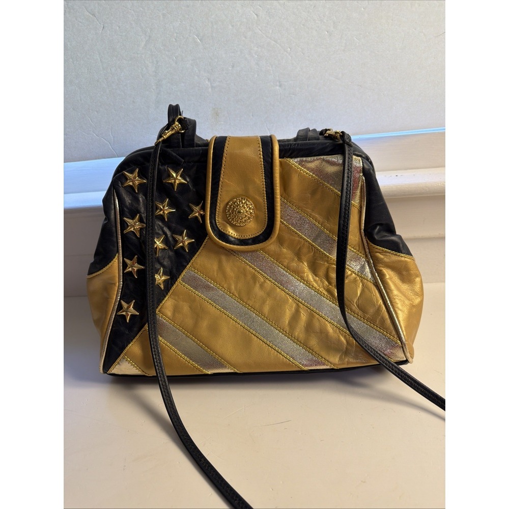 Vintage Andre Nicole‎ Genuine Leather Bag Gold Black 4th July Star